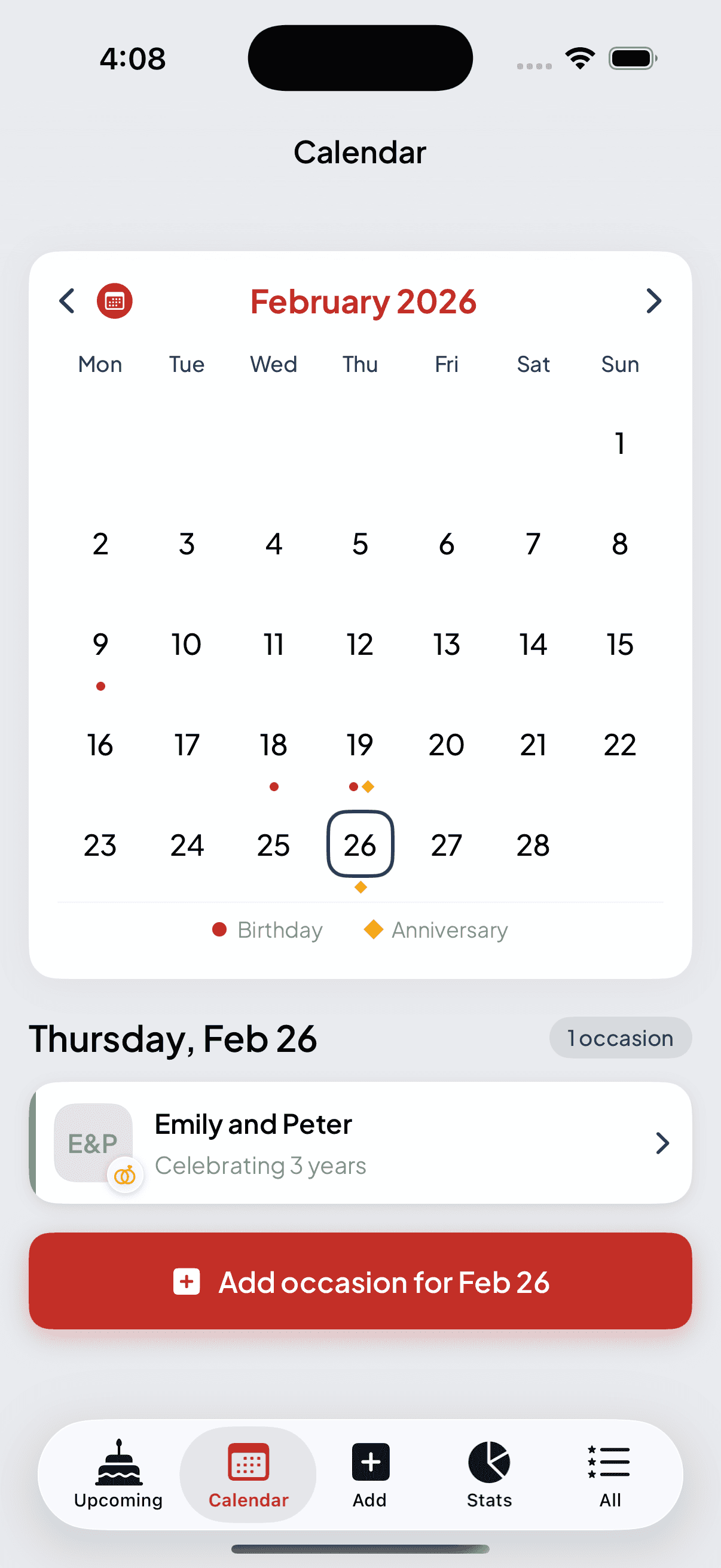BirthdayMate Calendar View