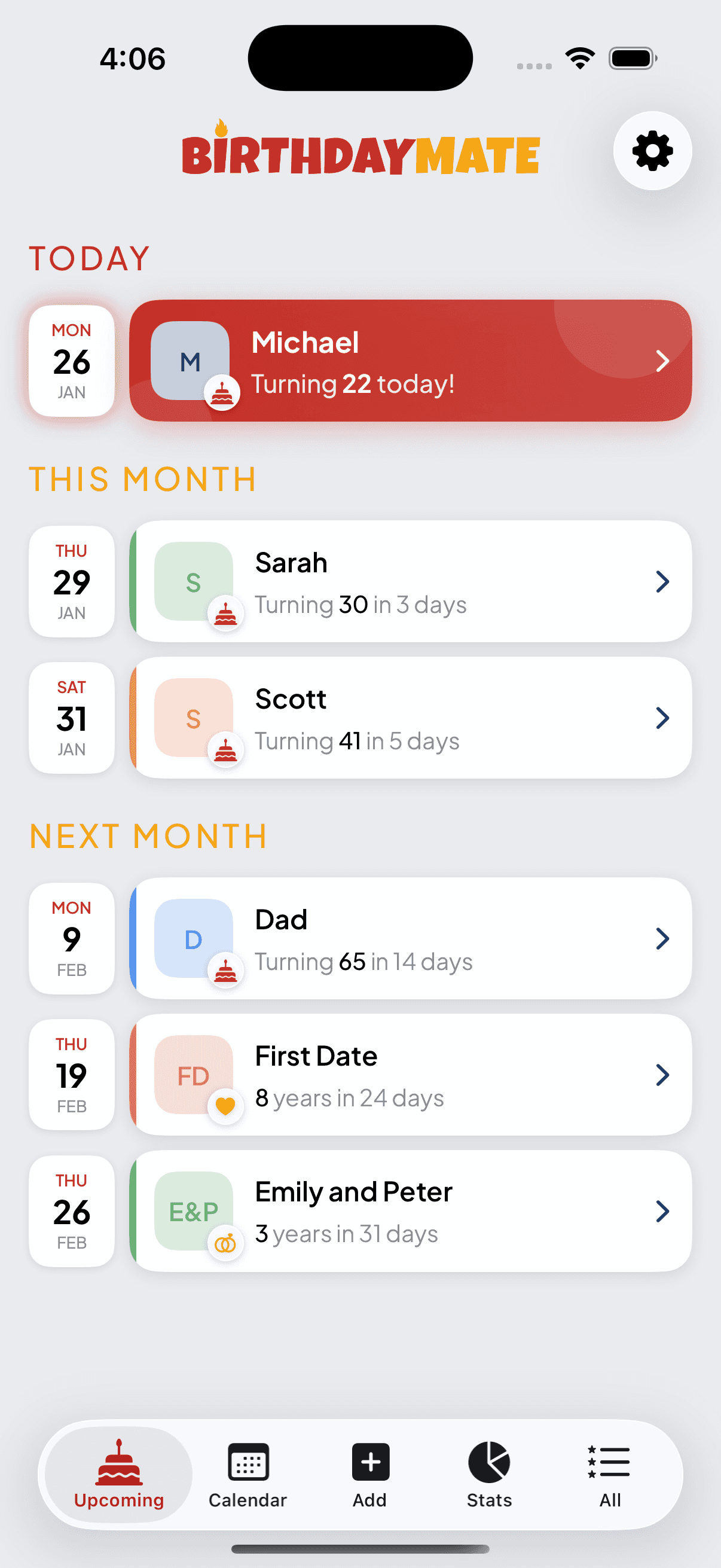 BirthdayMate Upcoming View