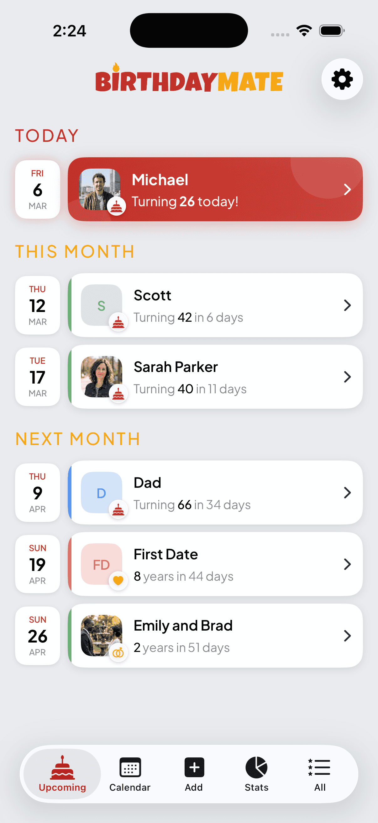 BirthdayMate Upcoming View